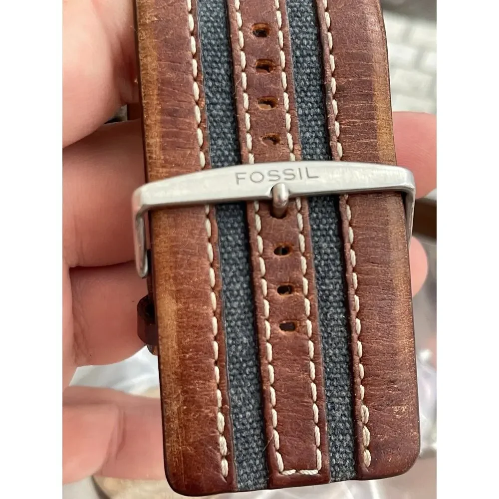 Fossil Men’s Quartz Square Silver Dial Date Brown Leather Strap Wristwatch